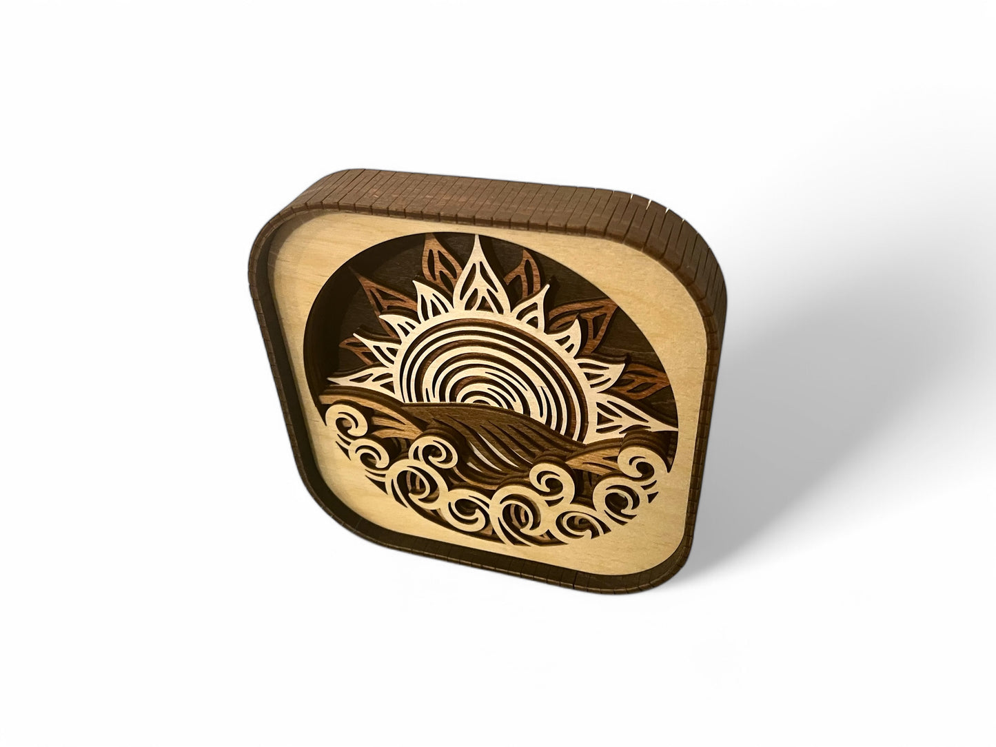 Layered Ocean Sunset 3D Wood Shelf Sitter | Mantel or Tiered Tray Decor | Beach Theme Decor | Ocean Shadow Box | Shelf Display | 6"X6"