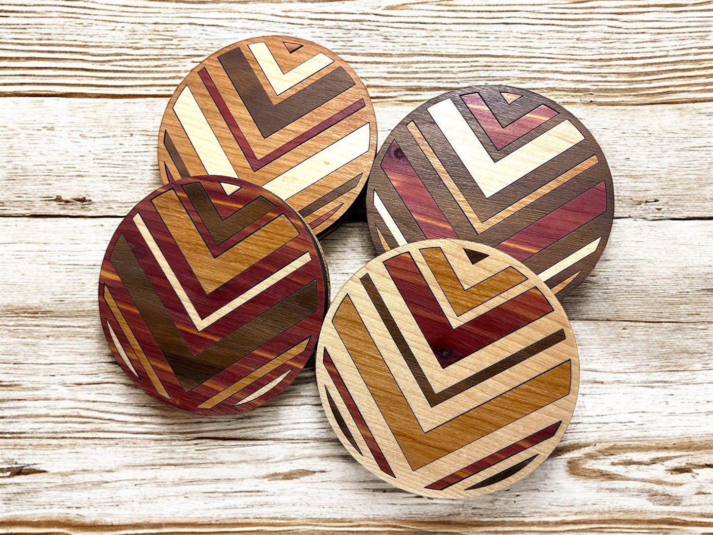 Hardwood Mosaic Coaster Set | Round Wooden Coasters with Cork Bottom | Design #6