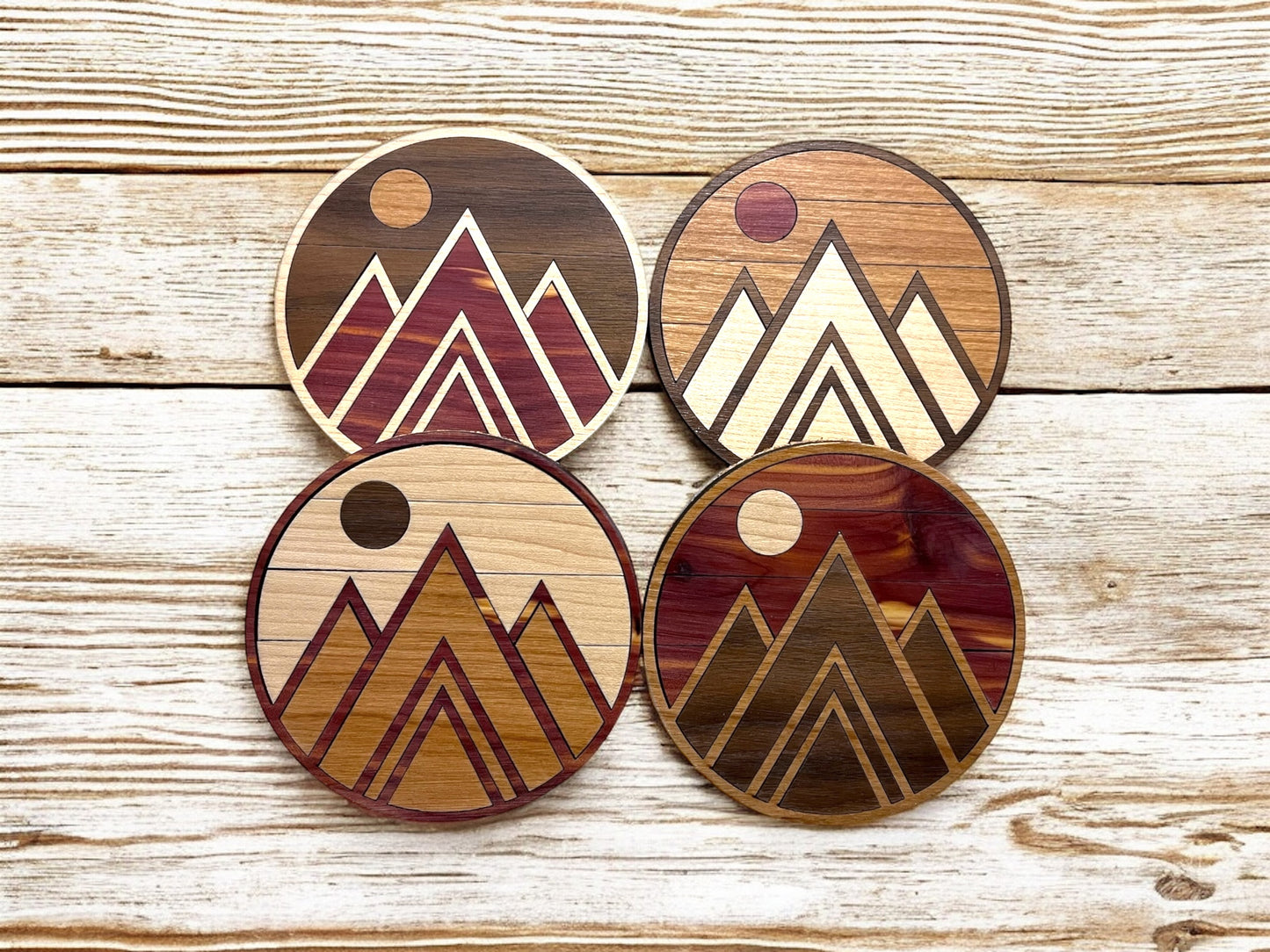 Hardwood Mosaic Coaster Set | Mountain Round Wooden Coasters with Cork Bottom | Design #1