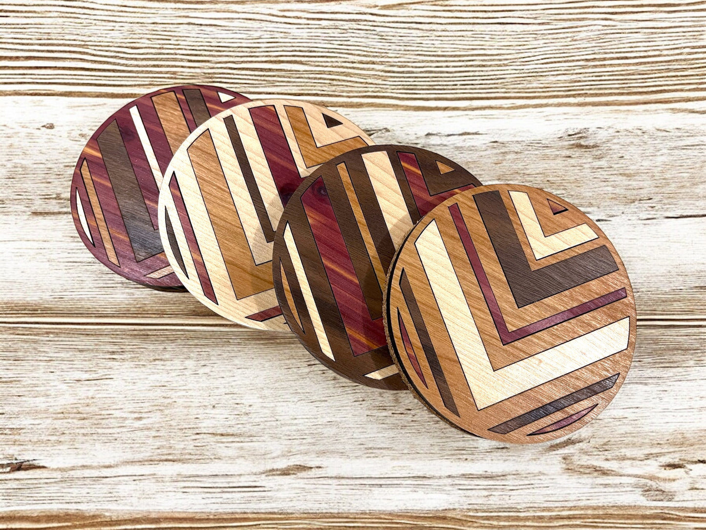 Hardwood Mosaic Coaster Set | Round Wooden Coasters with Cork Bottom | Design #6