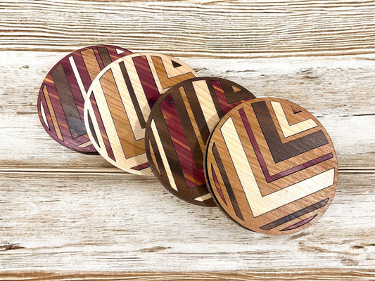 Hardwood Mosaic Coaster Set | Round Wooden Coasters with Cork Bottom | Design #6