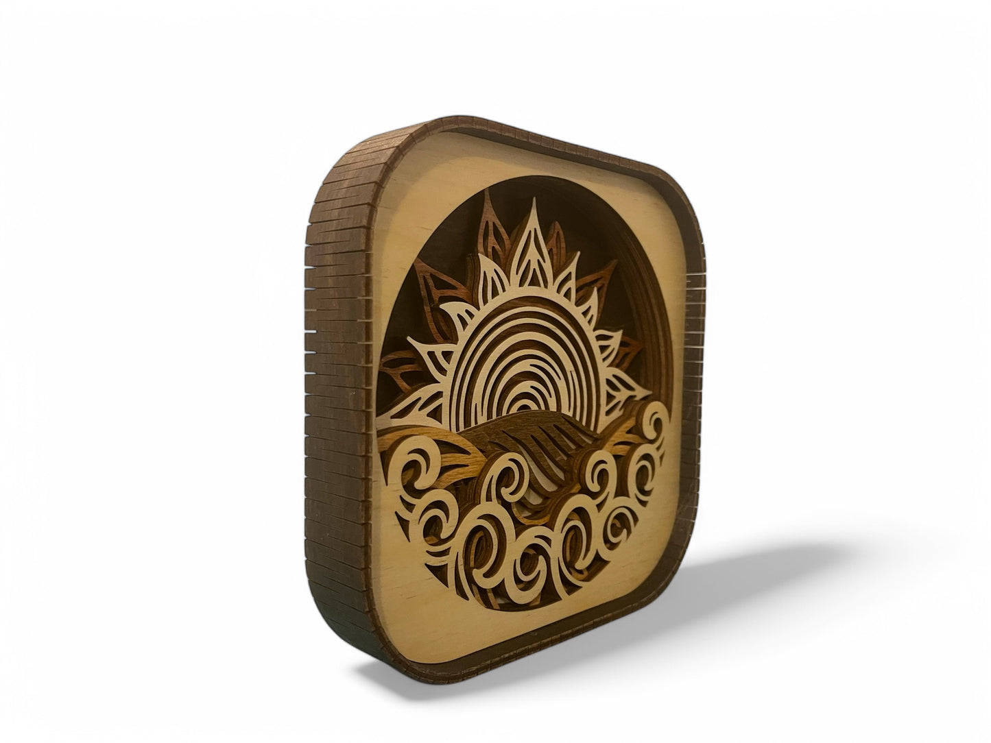 Layered Ocean Sunset 3D Wood Shelf Sitter | Mantel or Tiered Tray Decor | Beach Theme Decor | Ocean Shadow Box | Shelf Display | 6"X6"