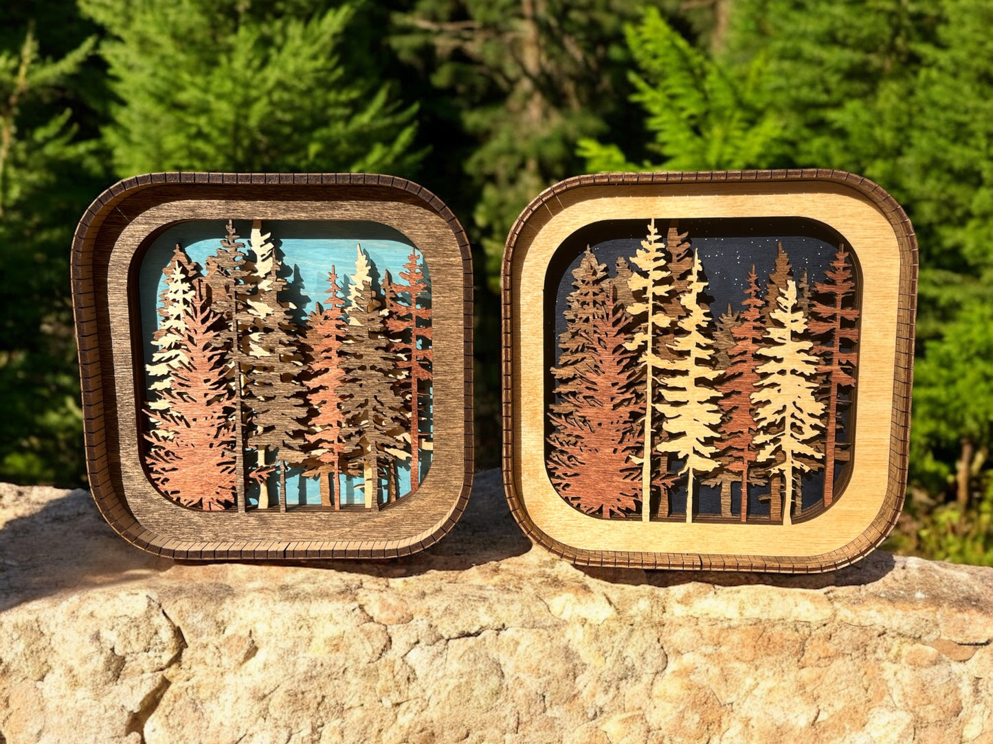 Layered 3d Forest Wood Shelf Sitter | Mantel Decor | Tiered Tray Decor | Trees | Shelf Display | 6"X6"