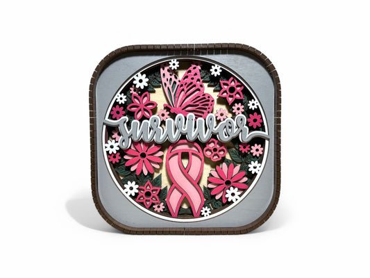 Breast Cancer Survivor 3D Wood Shelf Sitter | Gift for Cancer Survivor | Pink Ribbon Shadow Box | Breast Cancer Warrior Display | 6"X6"