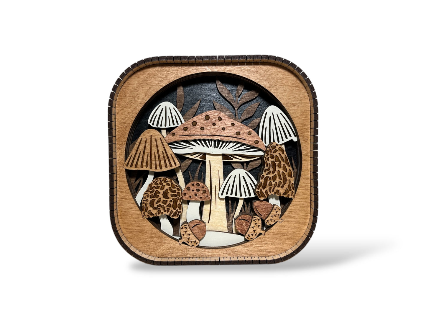 Layered 3d Mushroom Forest Wood Shelf Sitter | Mantel Decor | Tiered Tray Decor | Woodland Theme | Toadstool | Shelf Display | 6"X6"