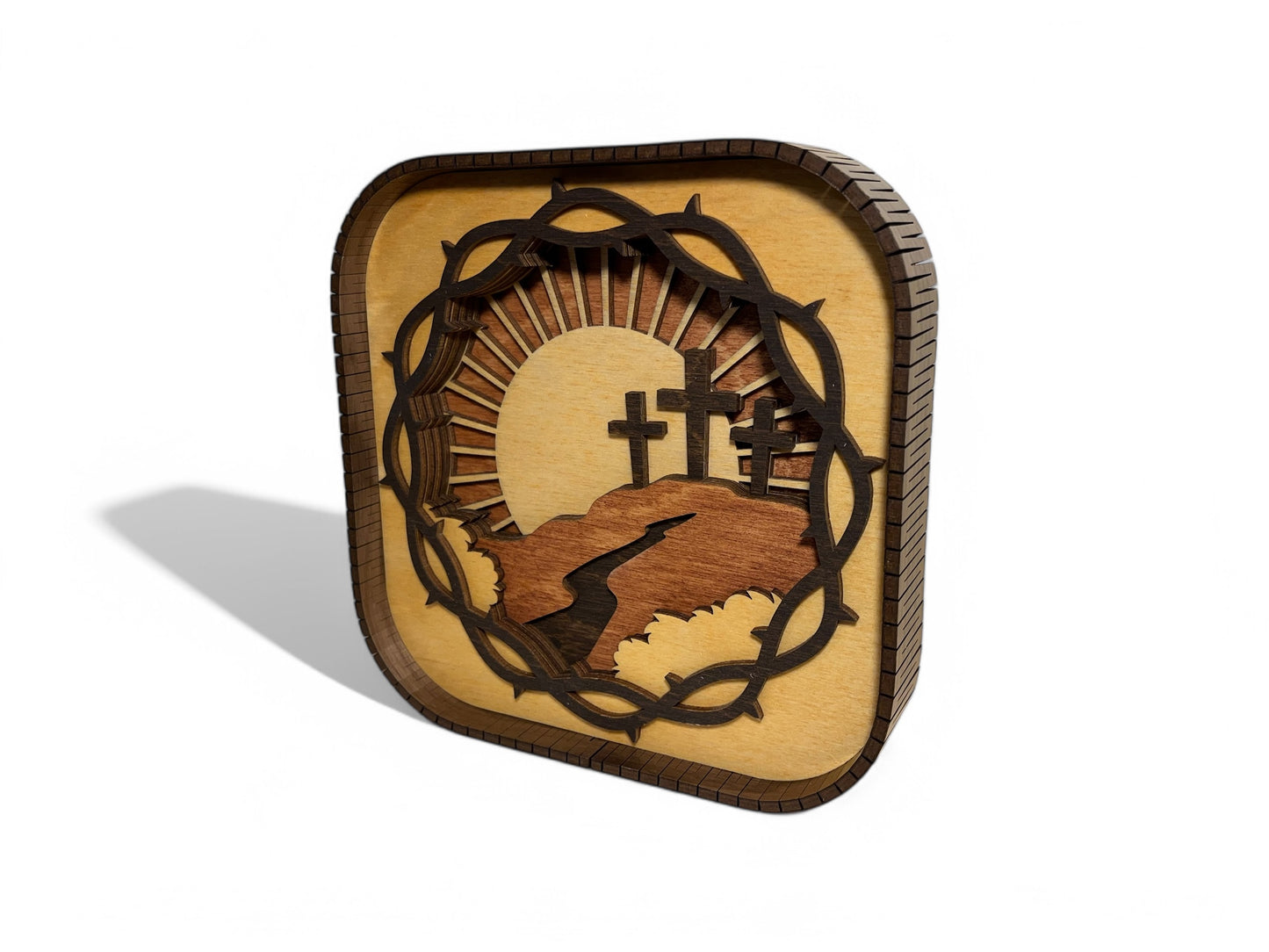 Layered Easter Cross 3D Wood Shelf Sitter | Mantel or Tiered Tray Decor | Crown of Thorns | Easter Shadow Box | Shelf Display | 6"X6"