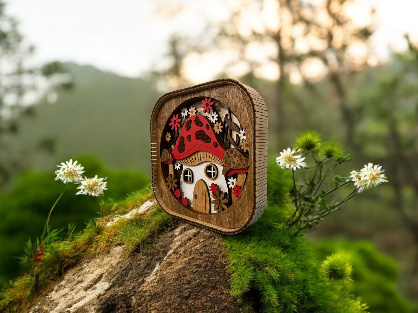 Red Mushroom House 3d Wood Shelf Sitter | Mantel Decor | Tiered Tray Decor | 6"X6"