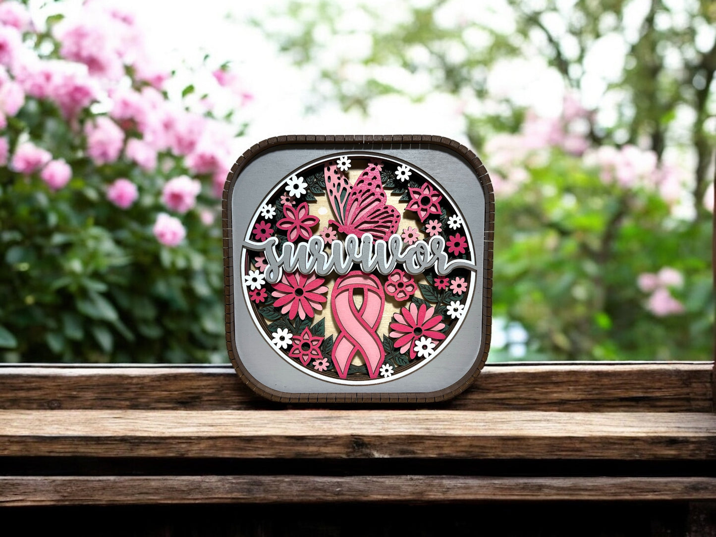 Breast Cancer Survivor 3D Wood Shelf Sitter | Gift for Cancer Survivor | Pink Ribbon Shadow Box | Breast Cancer Warrior Display | 6"X6"