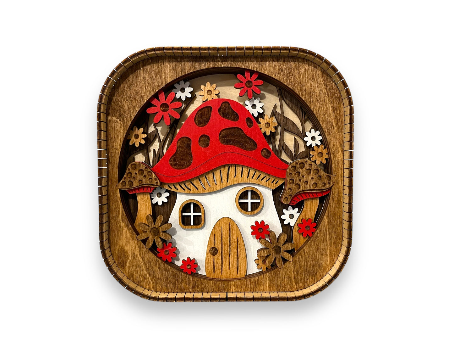 Red Mushroom House 3d Wood Shelf Sitter | Mantel Decor | Tiered Tray Decor | 6"X6"