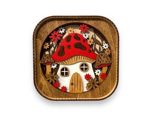 Red Mushroom House 3d Wood Shelf Sitter | Mantel Decor | Tiered Tray Decor | 6"X6"