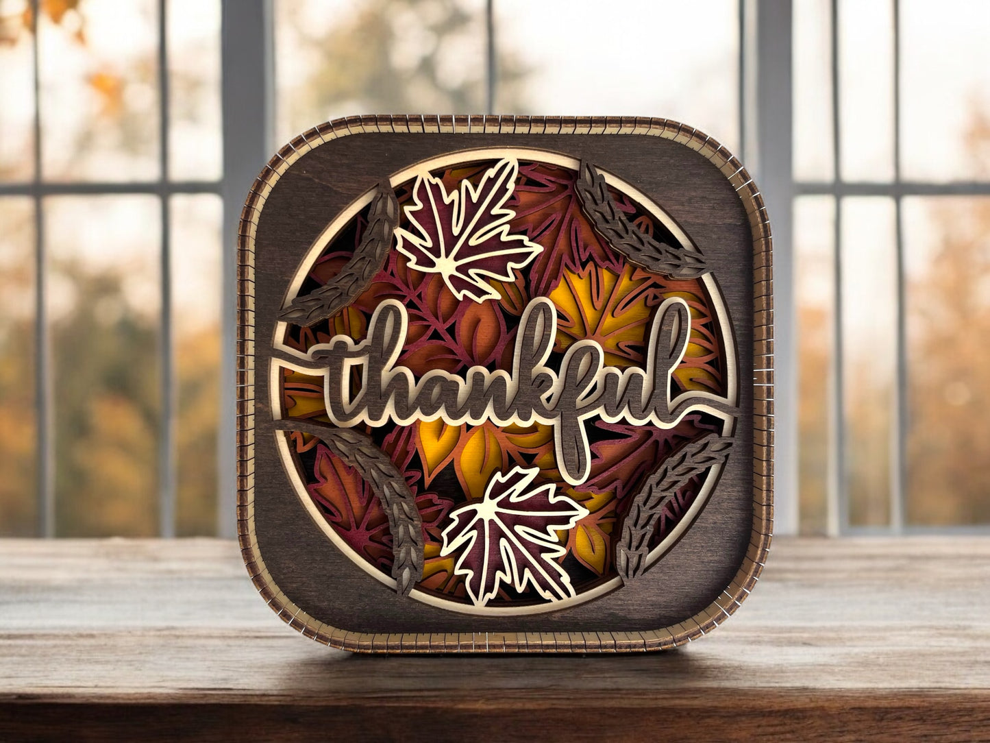 Fall Thankful 3d Wood Shelf Sitter | Mantel Decor | Tiered Tray Decor | Thanksgiving Shelf Decor | Fall Leaves | Shelf Display | 6"X6"