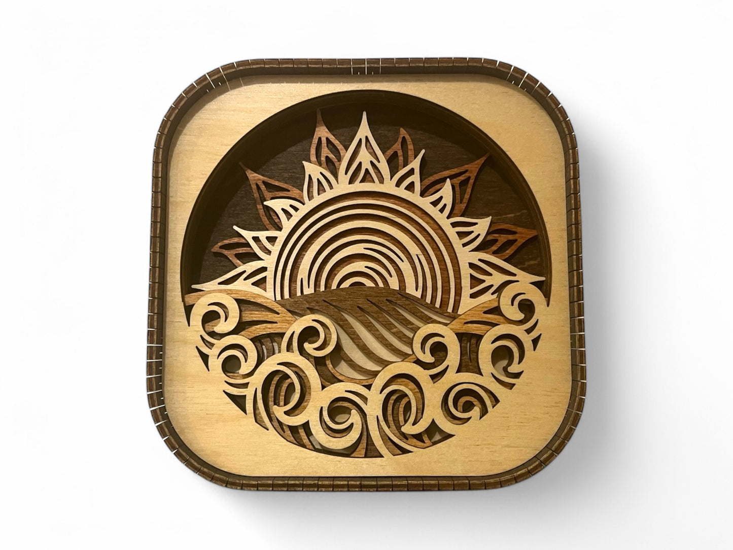 Layered Ocean Sunset 3D Wood Shelf Sitter | Mantel or Tiered Tray Decor | Beach Theme Decor | Ocean Shadow Box | Shelf Display | 6"X6"