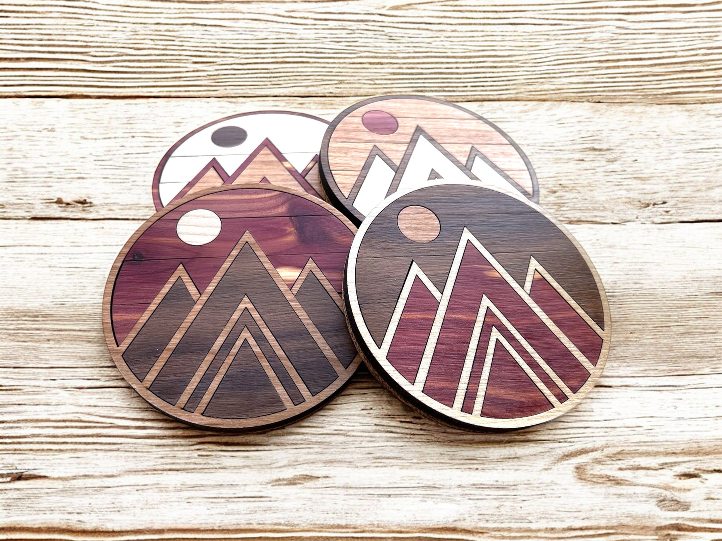 Hardwood Mosaic Coaster Set | Mountain Round Wooden Coasters with Cork Bottom | Design #1