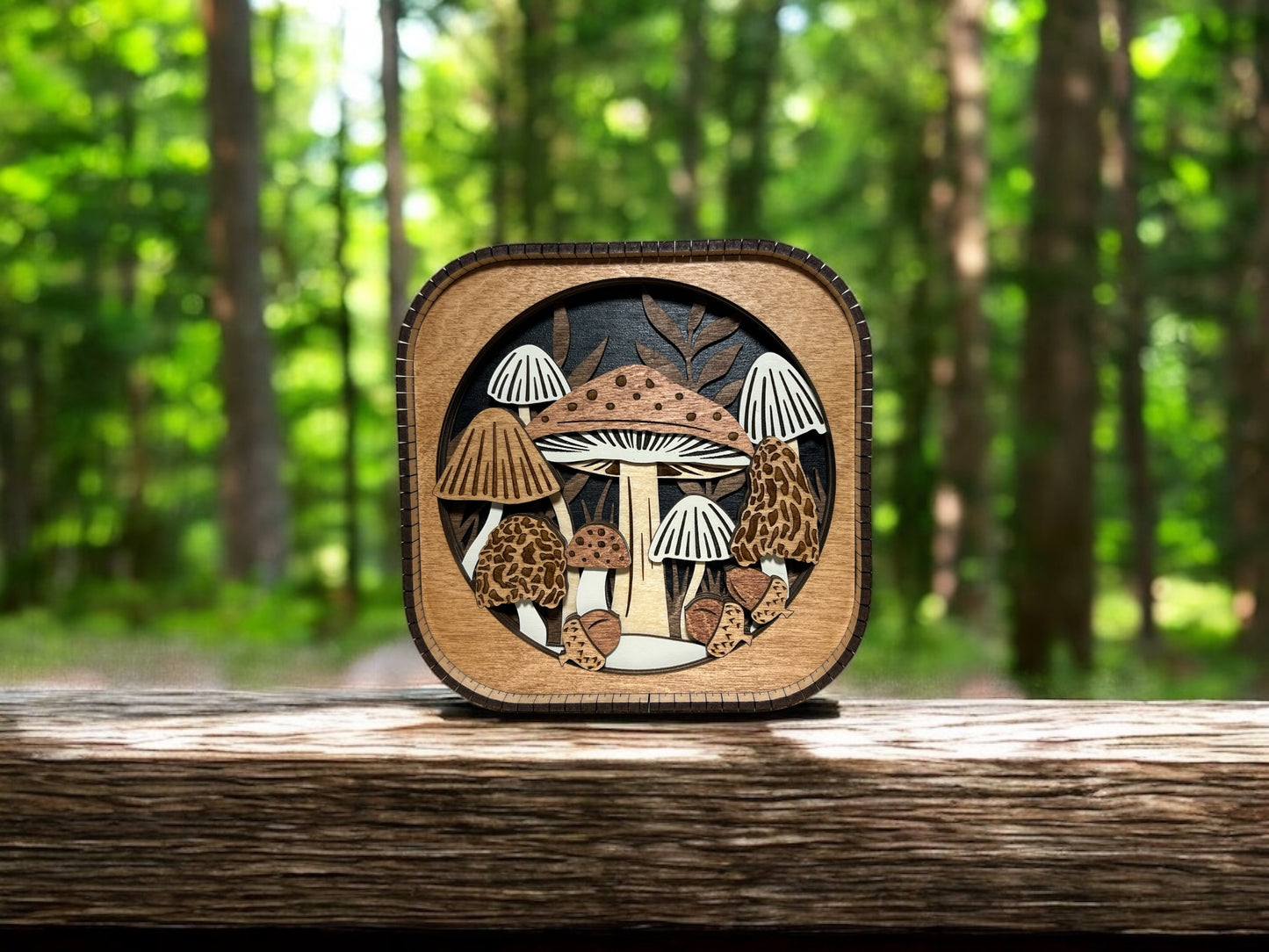 Layered 3d Mushroom Forest Wood Shelf Sitter | Mantel Decor | Tiered Tray Decor | Woodland Theme | Toadstool | Shelf Display | 6"X6"