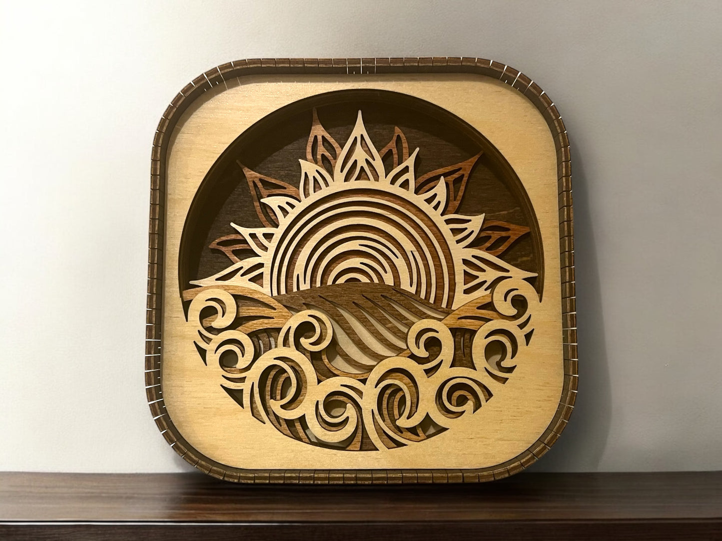 Layered Ocean Sunset 3D Wood Shelf Sitter | Mantel or Tiered Tray Decor | Beach Theme Decor | Ocean Shadow Box | Shelf Display | 6"X6"