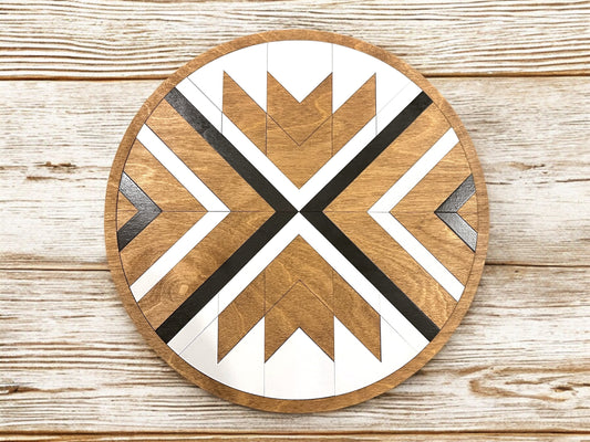 Wood Round Aztec Mosaic Wall Art | Modern Geometric Wall Hanging | Custom Colors | Design Your Wall Art