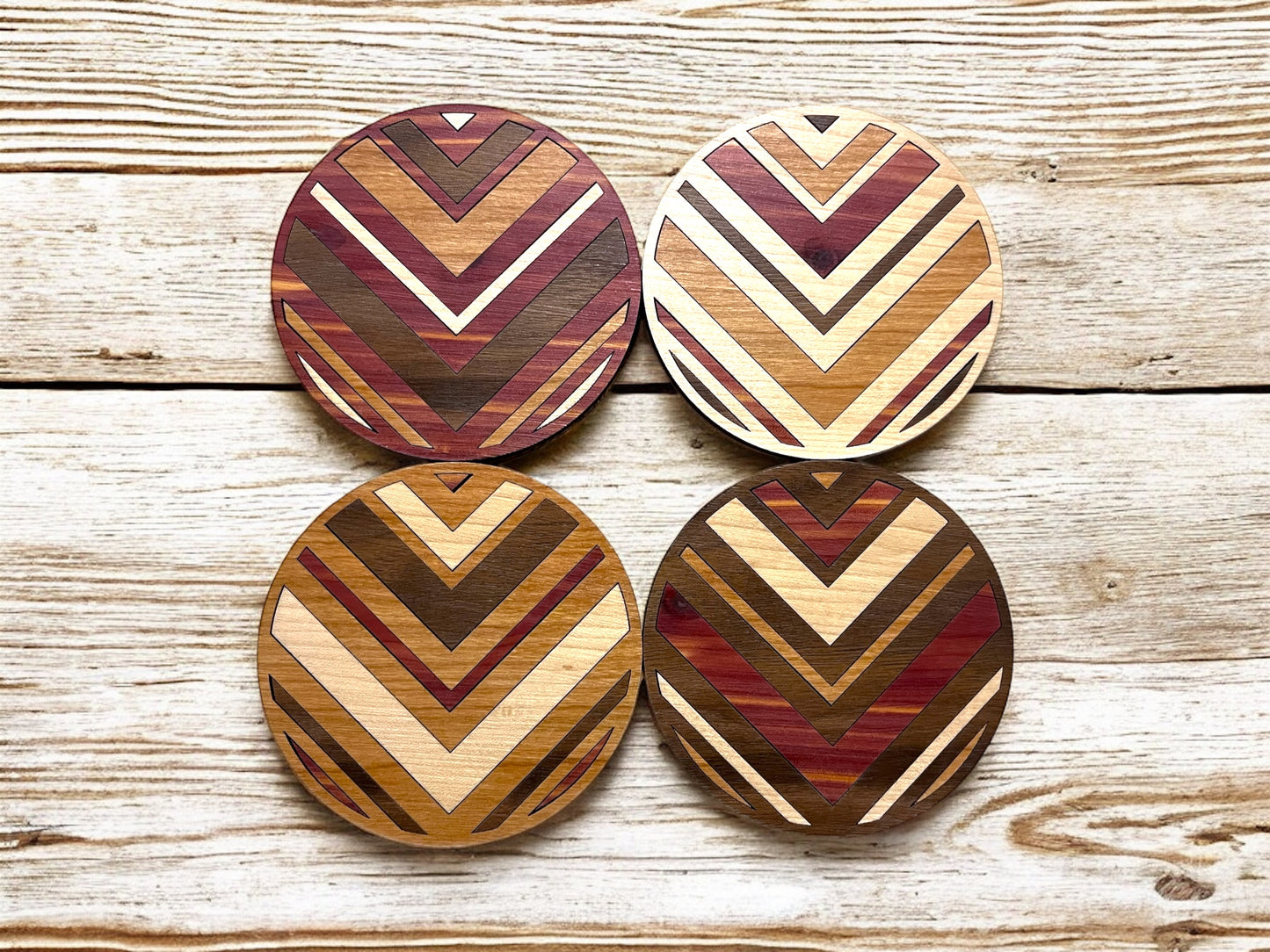 Hardwood Mosaic Coaster Set | Round Wooden Coasters with Cork Bottom | Design #6