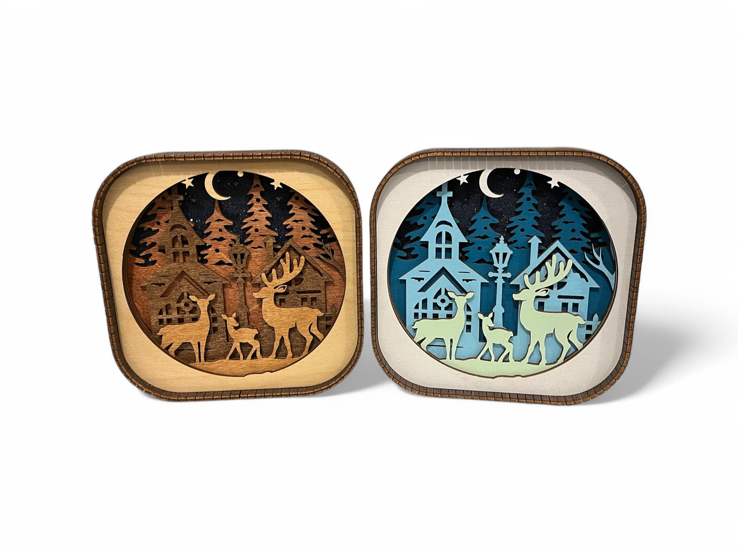 Layered Winter Scene 3D Wood Shelf Sitter | Mantel or Tiered Tray Decor | Winter Theme Decor | Christmas Shadow Box | Shelf Display | 6"X6"