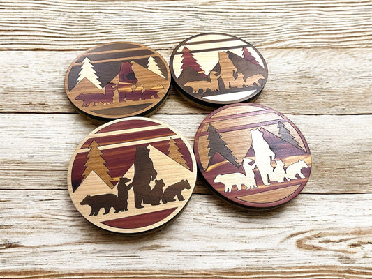 Hardwood Mosaic Coaster Set | Mountain and Bear with Cubs Round Wooden Coasters with Cork Bottom | Design #2