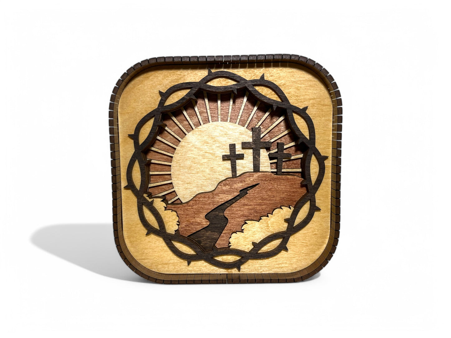 Layered Easter Cross 3D Wood Shelf Sitter | Mantel or Tiered Tray Decor | Crown of Thorns | Easter Shadow Box | Shelf Display | 6"X6"