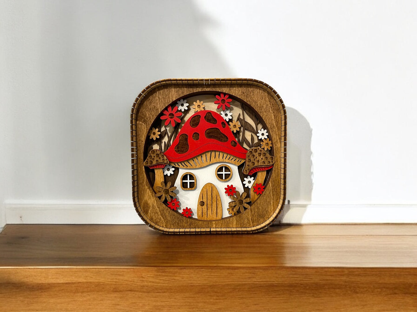 Red Mushroom House 3d Wood Shelf Sitter | Mantel Decor | Tiered Tray Decor | 6"X6"