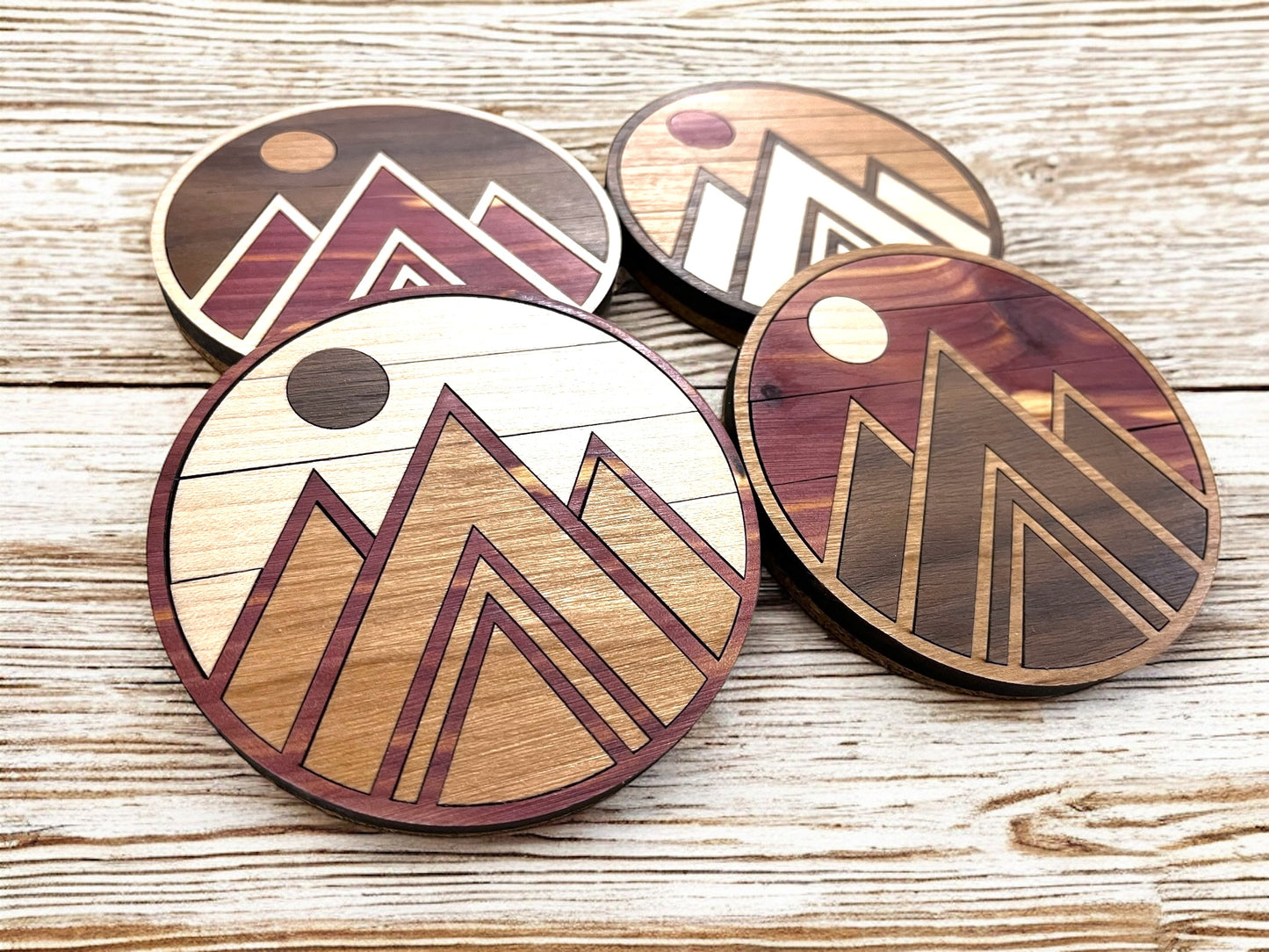 Hardwood Mosaic Coaster Set | Mountain Round Wooden Coasters with Cork Bottom | Design #1