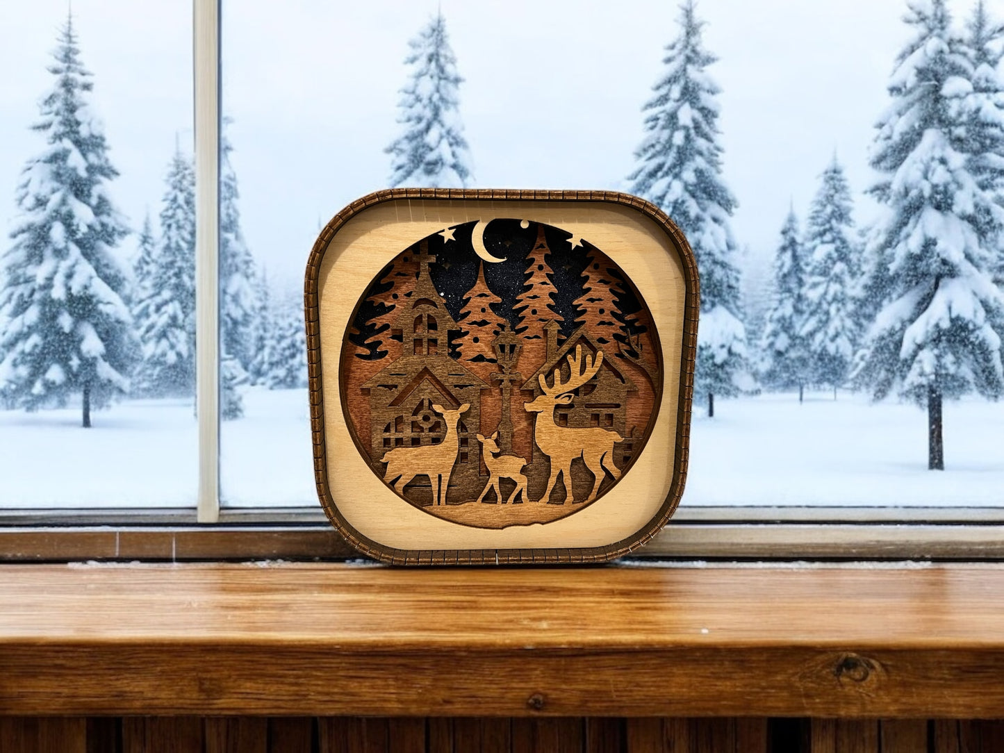 Layered Winter Scene 3D Wood Shelf Sitter | Mantel or Tiered Tray Decor | Winter Theme Decor | Christmas Shadow Box | Shelf Display | 6"X6"