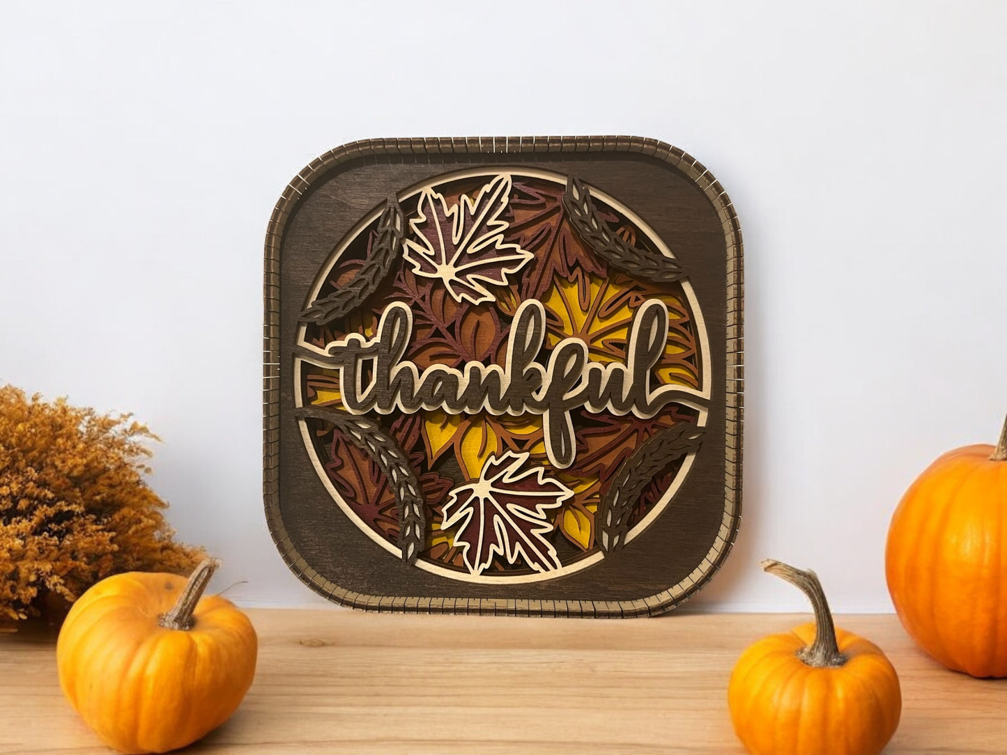 Fall Thankful 3d Wood Shelf Sitter | Mantel Decor | Tiered Tray Decor | Thanksgiving Shelf Decor | Fall Leaves | Shelf Display | 6"X6"