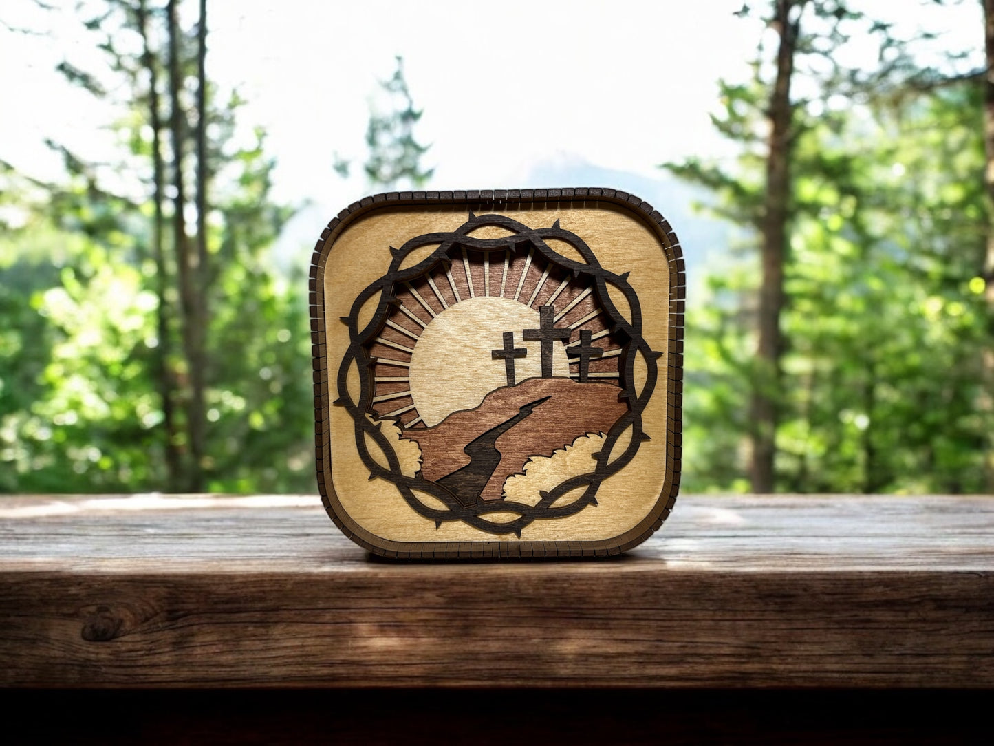 Layered Easter Cross 3D Wood Shelf Sitter | Mantel or Tiered Tray Decor | Crown of Thorns | Easter Shadow Box | Shelf Display | 6"X6"