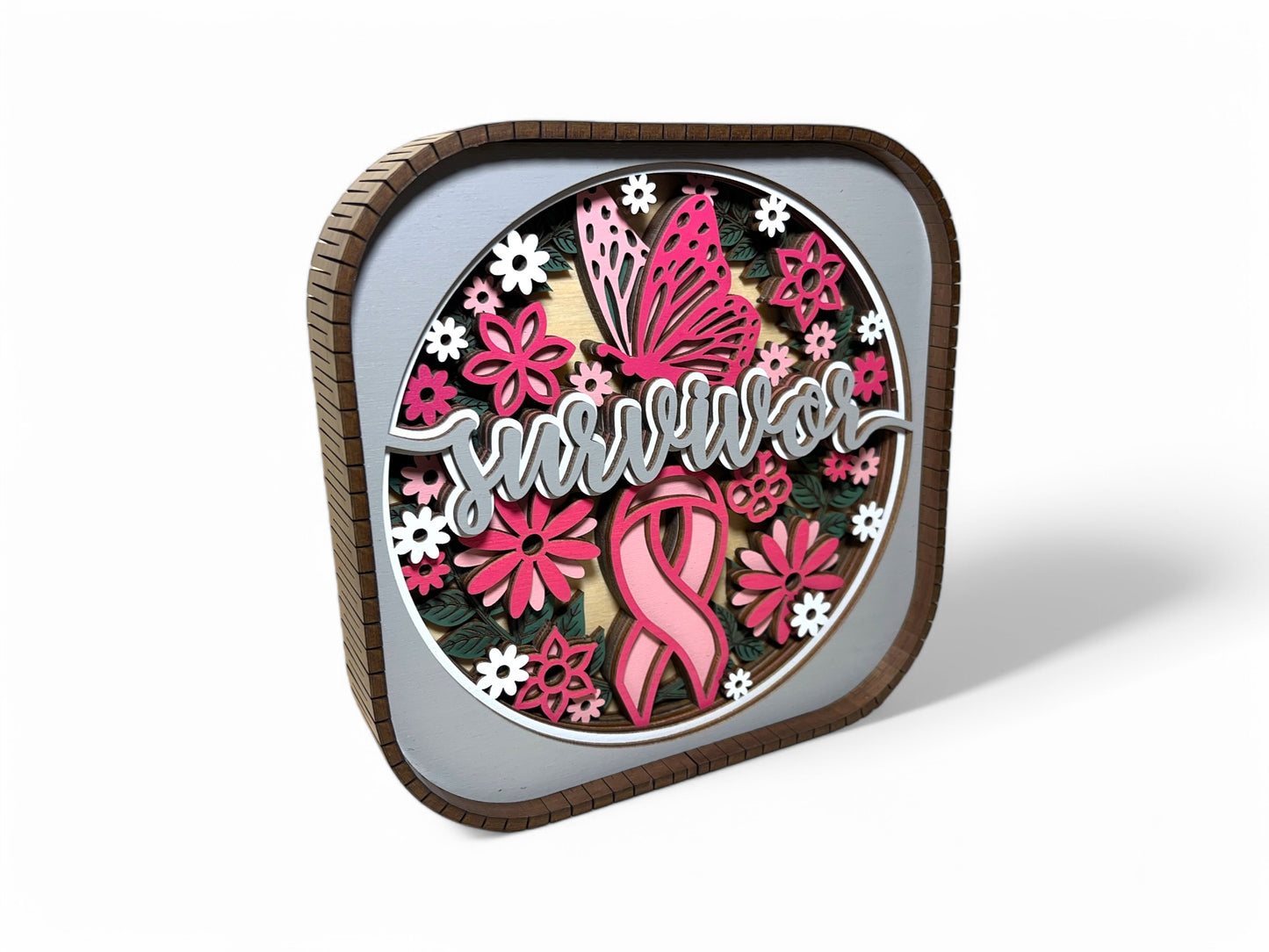 Breast Cancer Survivor 3D Wood Shelf Sitter | Gift for Cancer Survivor | Pink Ribbon Shadow Box | Breast Cancer Warrior Display | 6"X6"