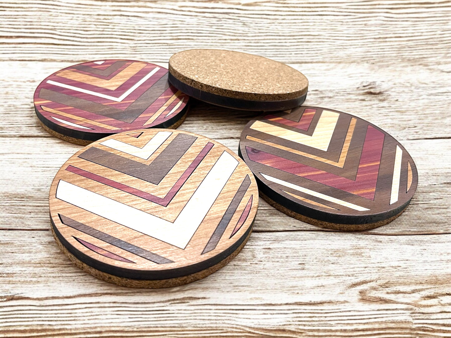 Hardwood Mosaic Coaster Set | Round Wooden Coasters with Cork Bottom | Design #6