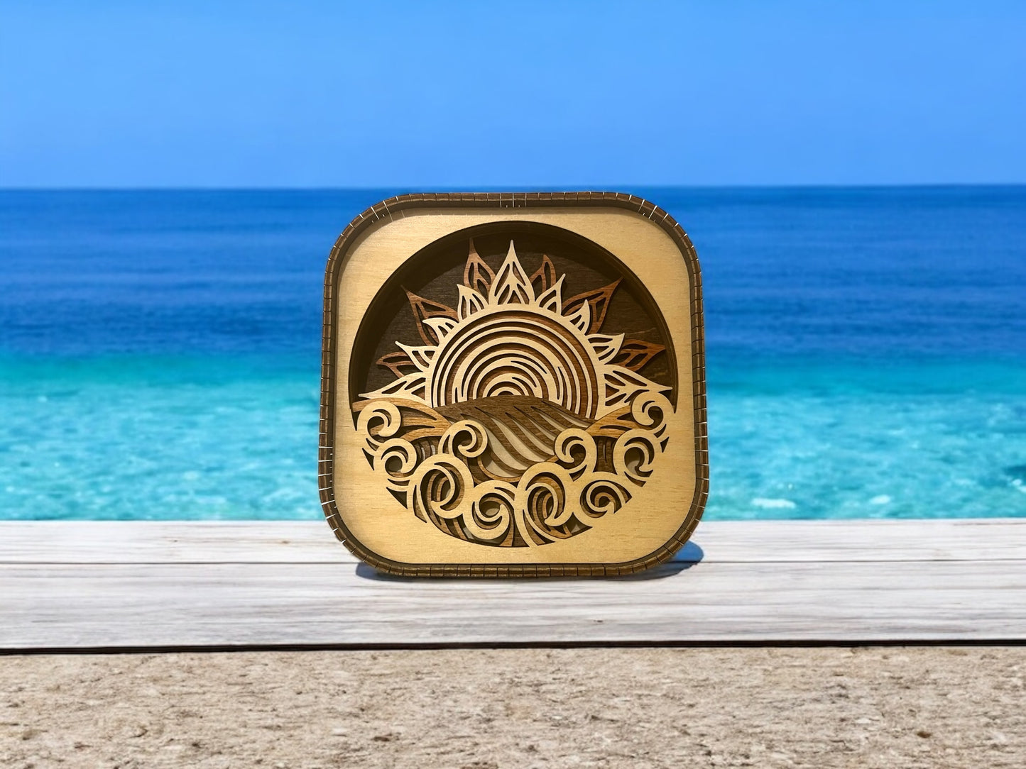 Layered Ocean Sunset 3D Wood Shelf Sitter | Mantel or Tiered Tray Decor | Beach Theme Decor | Ocean Shadow Box | Shelf Display | 6"X6"