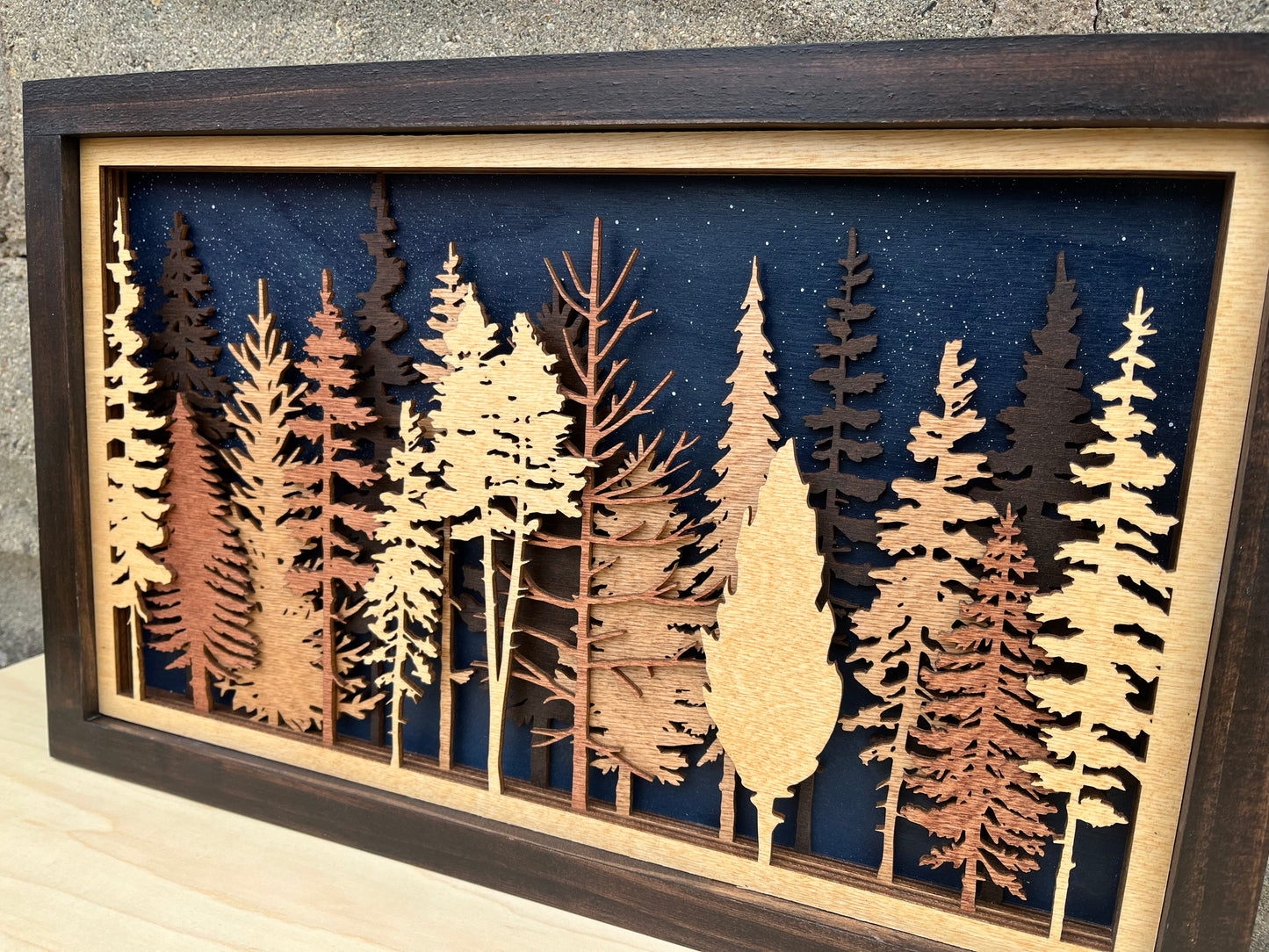 Night Sky Layered Tree Wood Wall Art | 3D Forest Scene Shadow Box