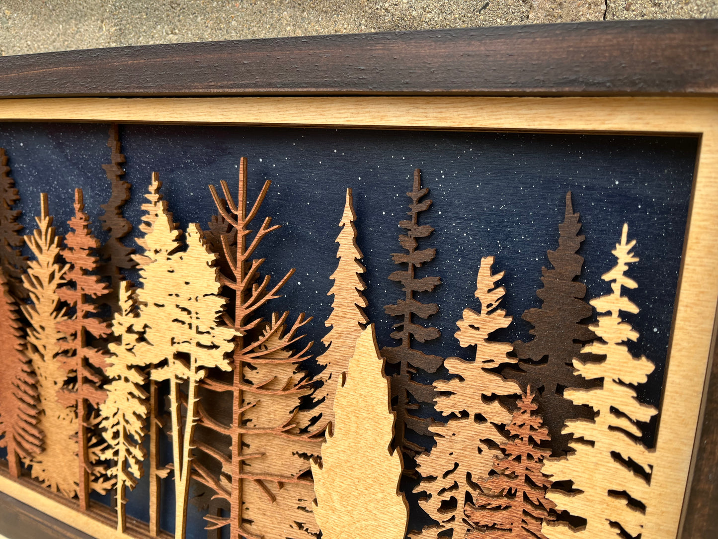 Night Sky Layered Tree Wood Wall Art | 3D Forest Scene Shadow Box