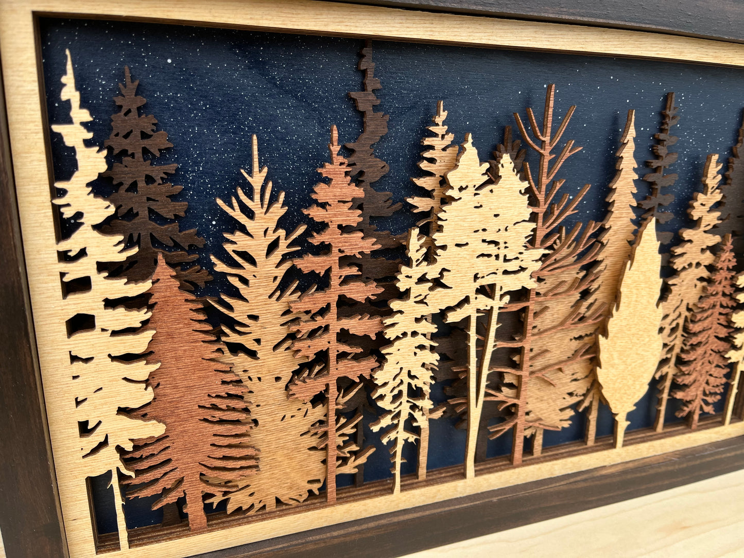 Night Sky Layered Tree Wood Wall Art | 3D Forest Scene Shadow Box