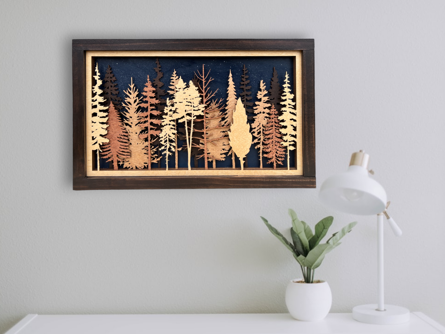 Night Sky Layered Tree Wood Wall Art | 3D Forest Scene Shadow Box