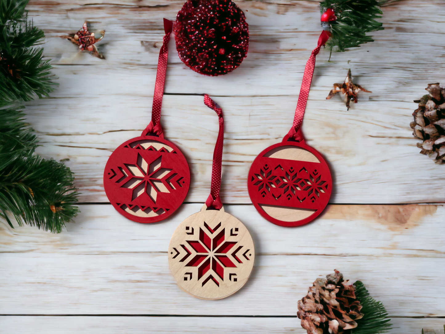 Set of 3 Red and Natural Wood Mosaic Christmas Ornaments