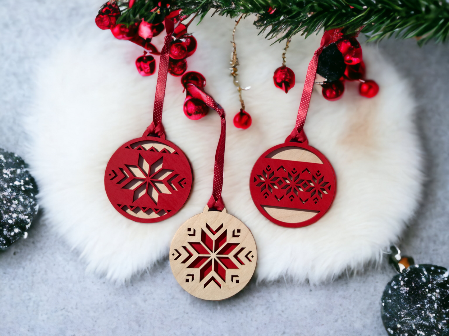 Set of 3 Red and Natural Wood Mosaic Christmas Ornaments