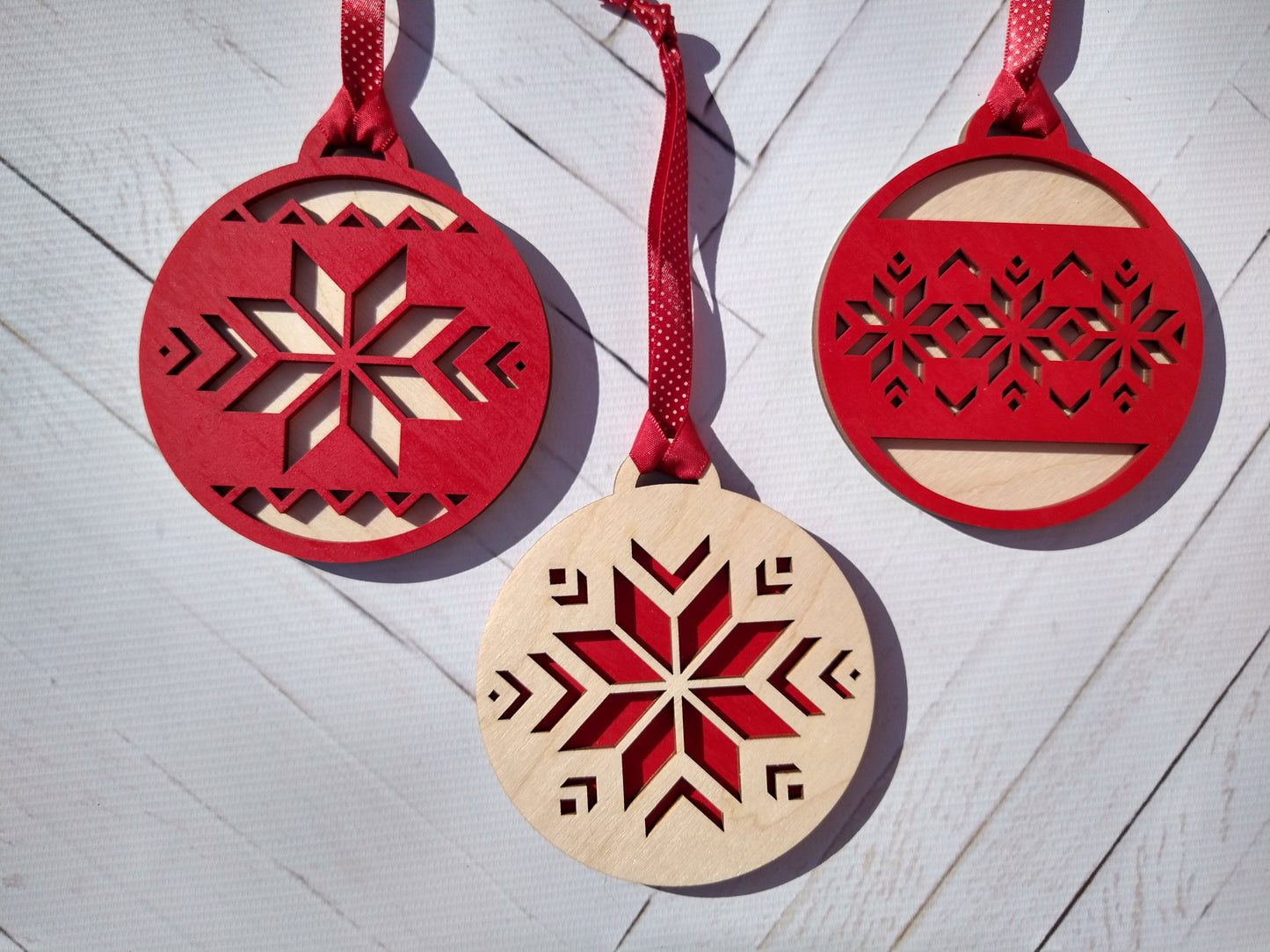 Set of 3 Red and Natural Wood Mosaic Christmas Ornaments