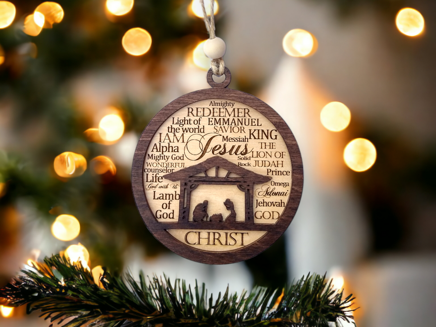 Nativity Christmas Wood Ornament | Names of God Bauble Ornament | Manger Scene