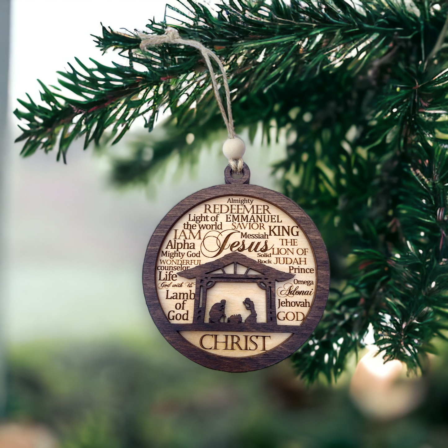 Nativity Christmas Wood Ornament | Names of God Bauble Ornament | Manger Scene