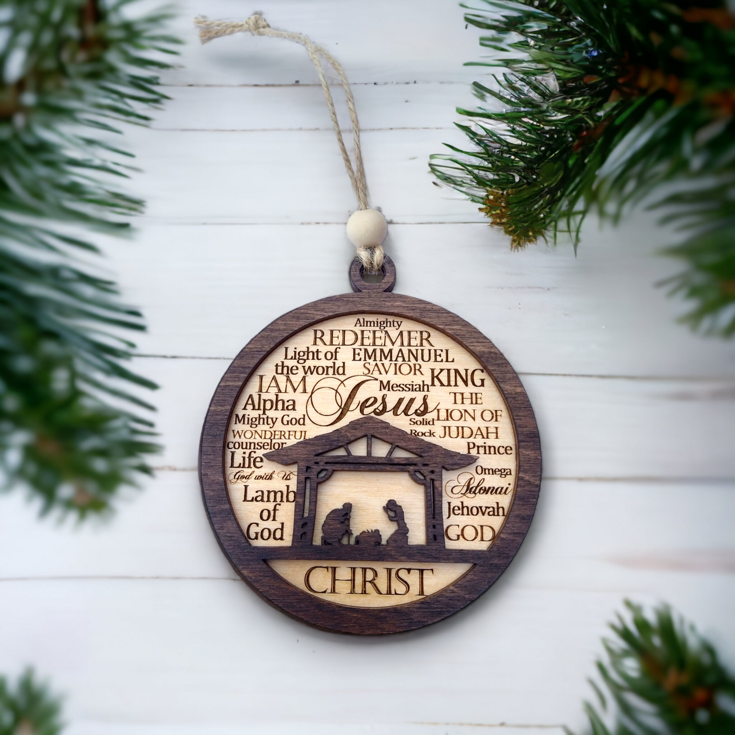 Nativity Christmas Wood Ornament | Names of God Bauble Ornament | Manger Scene