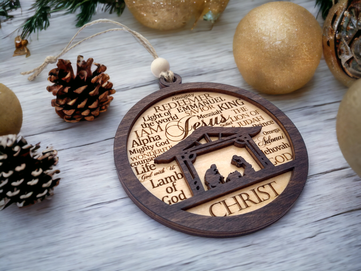 Nativity Christmas Wood Ornament | Names of God Bauble Ornament | Manger Scene