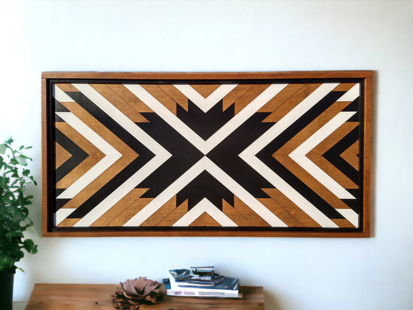 Modern Geometric Mosaic Wood Wall Art - Black, White, and Wood Tones