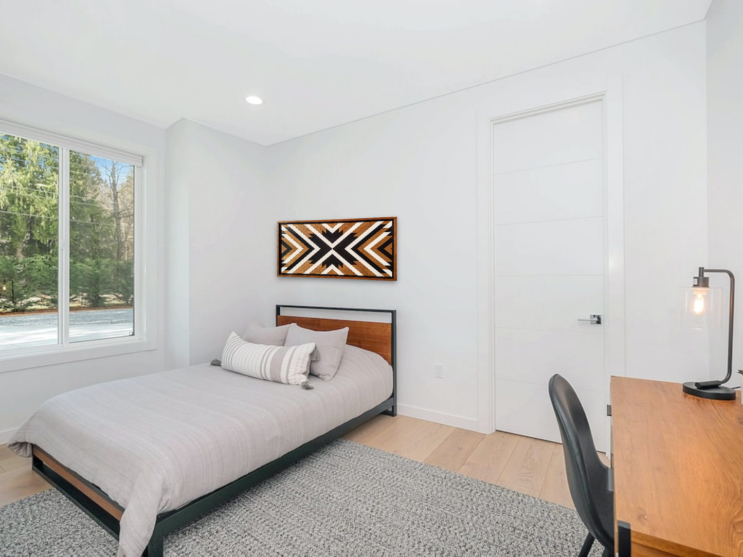 Modern Geometric Mosaic Wood Wall Art - Black, White, and Wood Tones