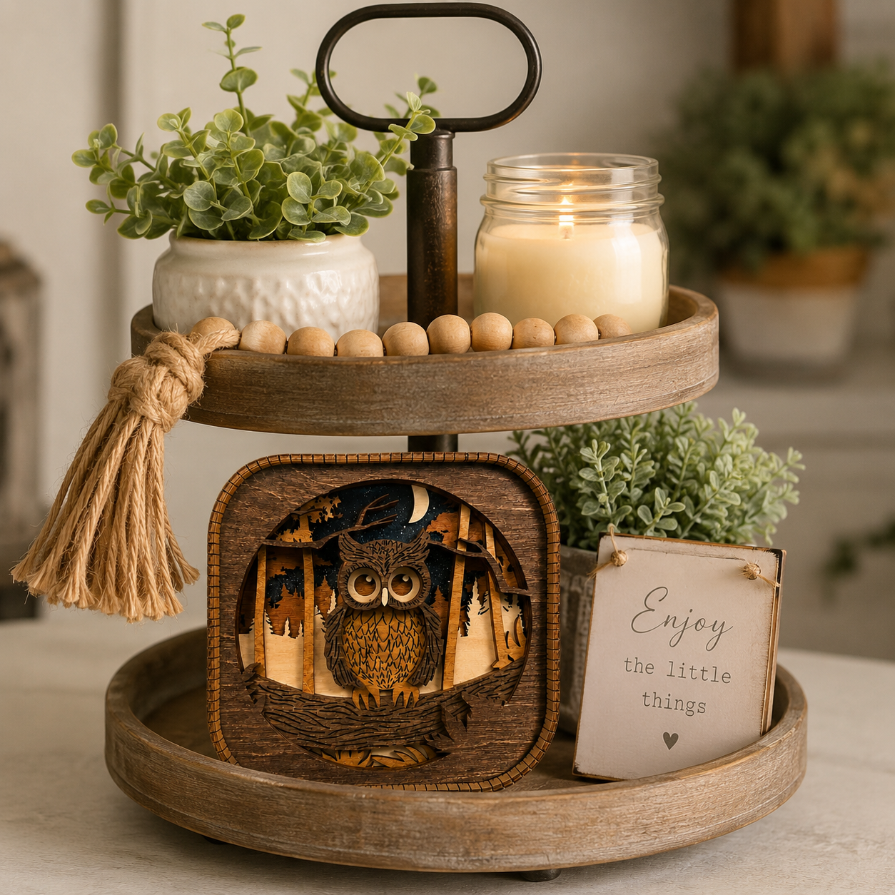 3D wood owl shelf sitter displayed on farmhouse tiered tray with greenery and rustic decorative accents