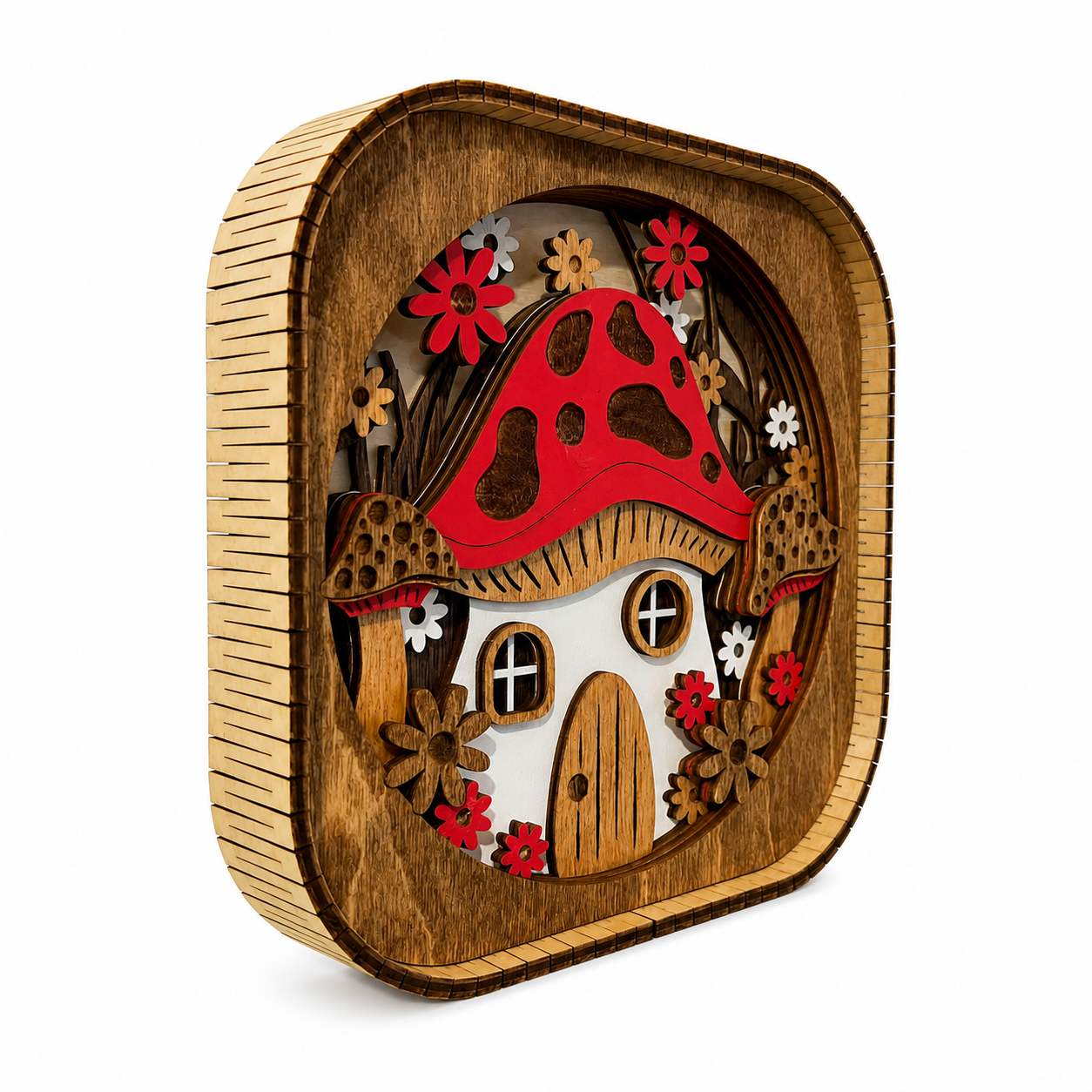 Side view of layered wood mushroom house shelf sitter showing dimensional depth and handcrafted construction