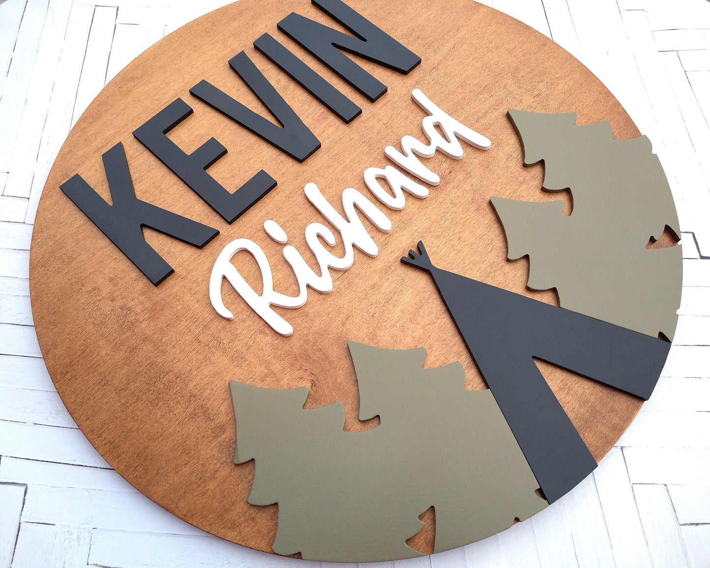 Woodland Baby Nursery Custom Name Sign, Wooden Circle Wall Decor, Baby Shower Gift, Personalized Bedroom Decor Above Crib Custom Color Round