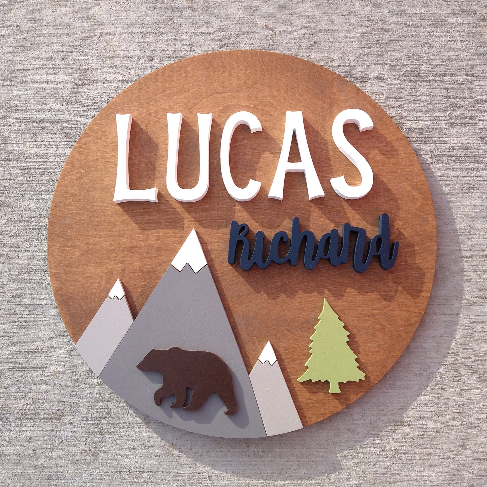 Woodland Mountain Theme Nursery Custom Name Sign, Wooden Circle Wall Decor, Baby Shower Gift, Kids Bedroom Decor, Above Crib Custom Round