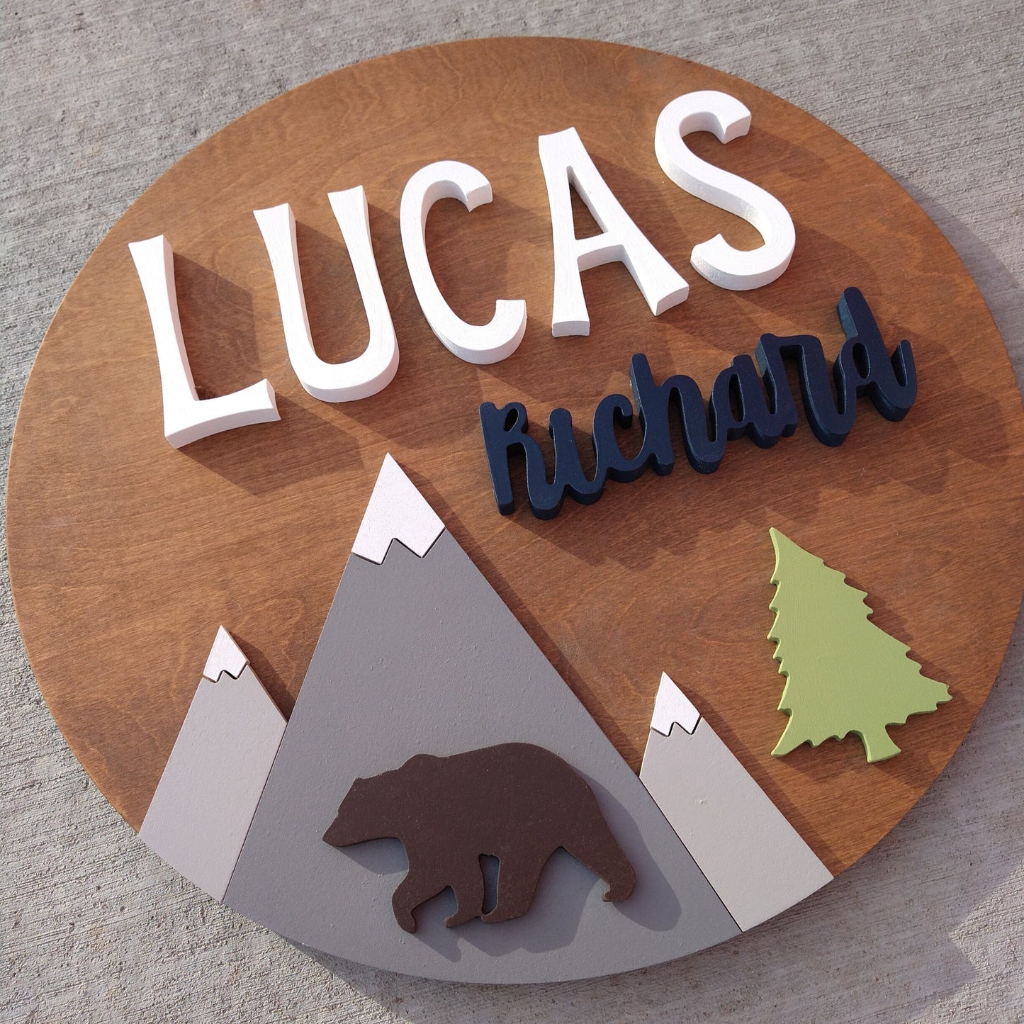 Woodland Mountain Theme Nursery Custom Name Sign, Wooden Circle Wall Decor, Baby Shower Gift, Kids Bedroom Decor, Above Crib Custom Round